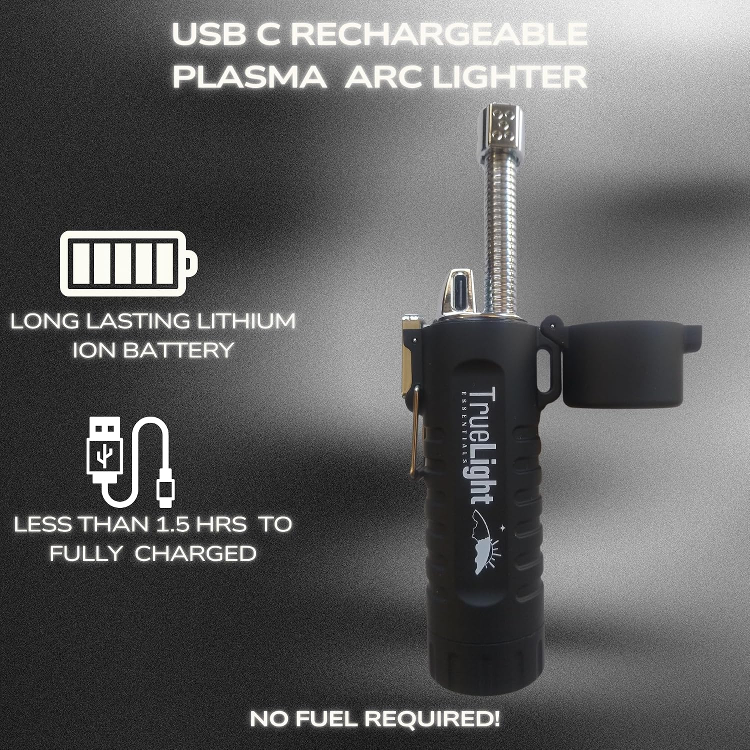 TrueLightEssentials Electric Rechargeable Plasma Lighter - Waterproof USB Arc Lighters with Flashlight LED Battery Indicator and Flexible Neck for Candle Survival Camping Emergency (Black, Long)