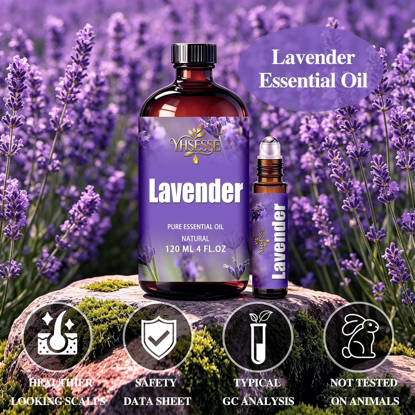 Lavender Essential Oil, Lavender Oil 4 Fl Oz 120ml for Diffuser Yoga Soap & Candle Making – with 0.33 Oz Roller Ball & Dropper YHSESSE Essential Oils