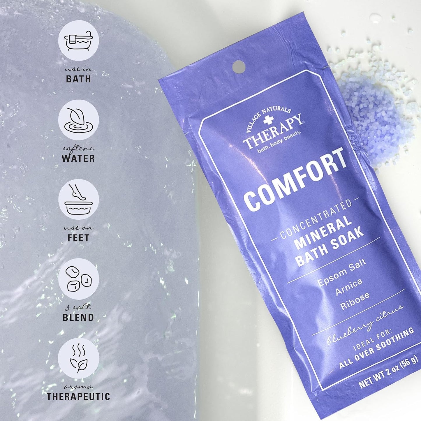 Village Naturals Therapy, Comfort Concentrated Mineral Bath Soak, Blueberry Citrus, 2 Oz, Pack of 12