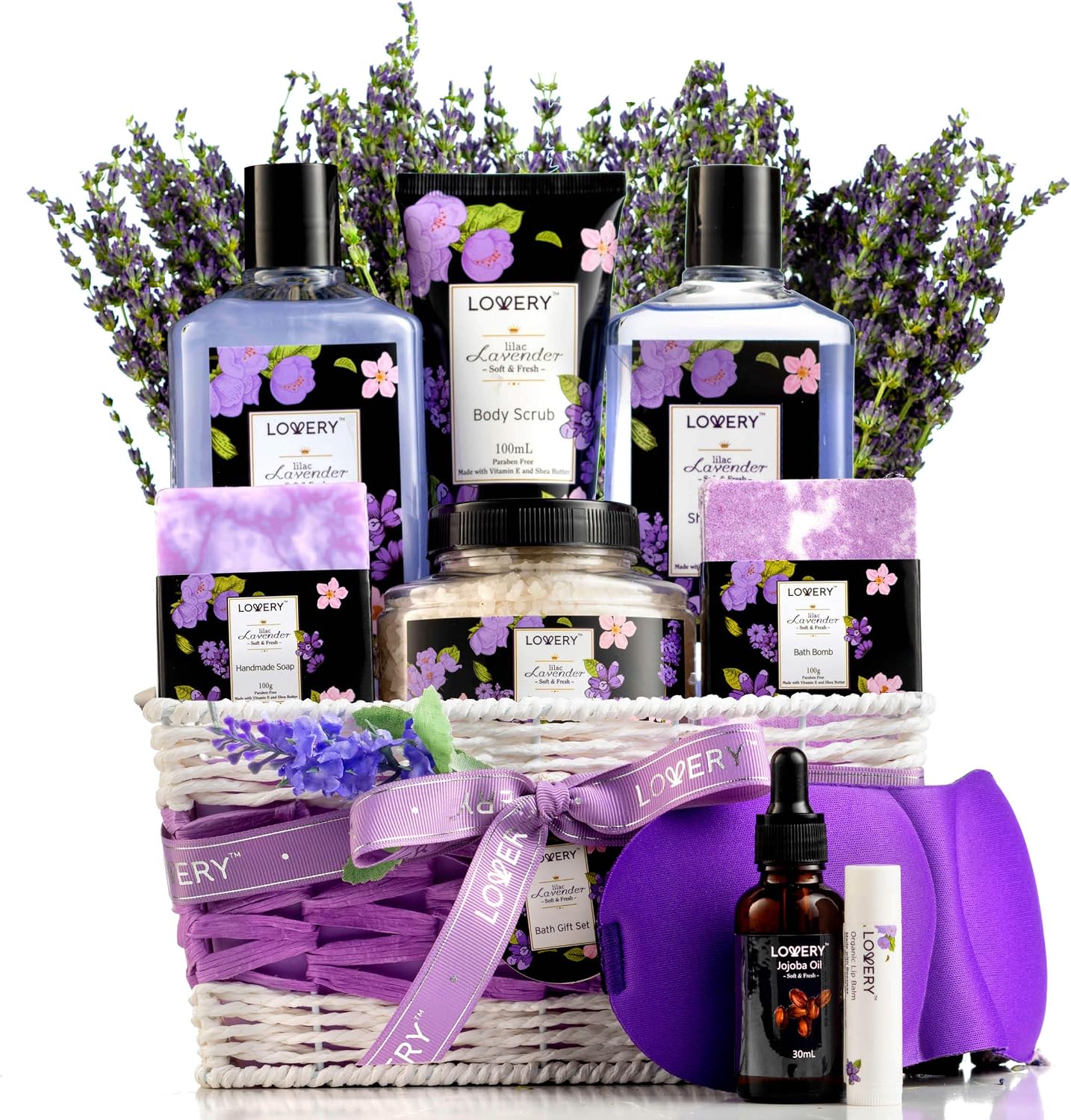 Gifts for Women, Moms, Lavender & Lilac Spa Gift Basket Set - Handmade Soap, Potpourri, Bath Bomb, Jojoba Oil, Organic Lip Balm & More - Stress Relief, Bath & Body Self Care Package