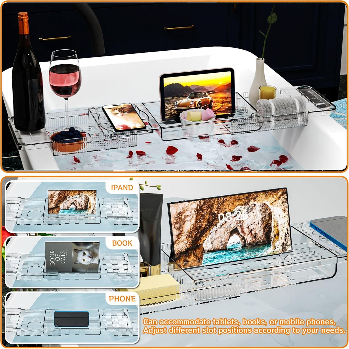 Yieach Luxury Tub Tray for Bathtub Expandable,Clear Bath Shelf Over Tub and Acrylic Bathtub Tray,Plastic Bath Board & Table,Bath Caddy Tray & Accessories for Mothers,Mom and Women Relaxing Spa Gifts