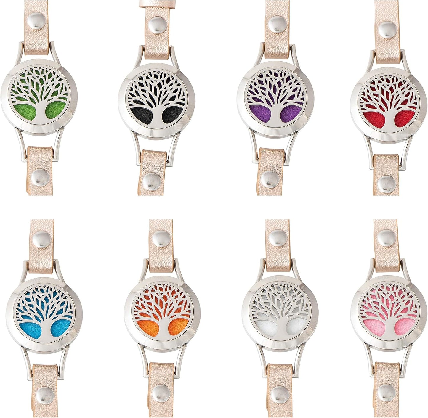 Wild Essentials Tree of Life Essential Oil Bracelet Diffuser, Leather Wrap Band, Stainless Steel Locket Pendant, 12 Color Refill Pads, Customizable Color Changing Perfume Jewelry for Aromatherapy