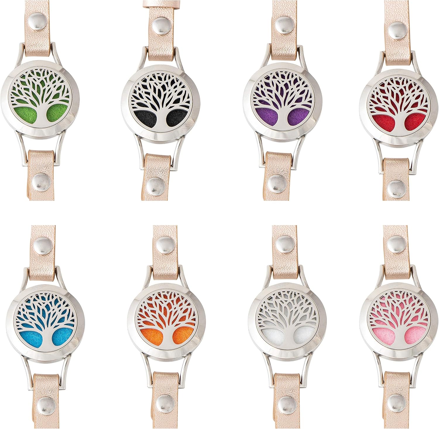 Wild Essentials Tree of Life Essential Oil Bracelet Diffuser, Leather Wrap Band, Stainless Steel Locket Pendant, 12 Color Refill Pads, Customizable Color Changing Perfume Jewelry for Aromatherapy