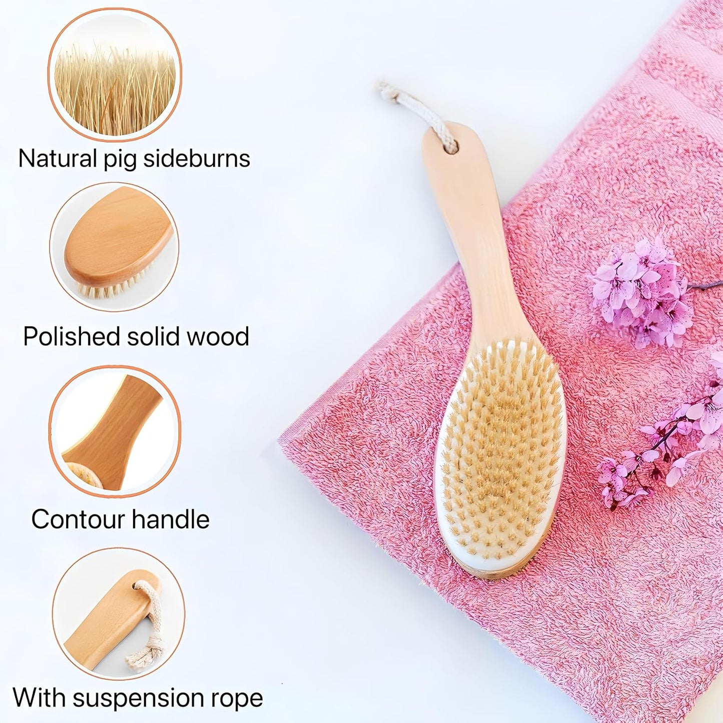 Dry Brushing Body Brush with Contoured Wooden Handle,Natural Bristle Exfoliating Scrubber for Lymphatic Drainage,Dry Skin,Pore Cleansing,Cellulite Decrease and Blood Circulation Boost