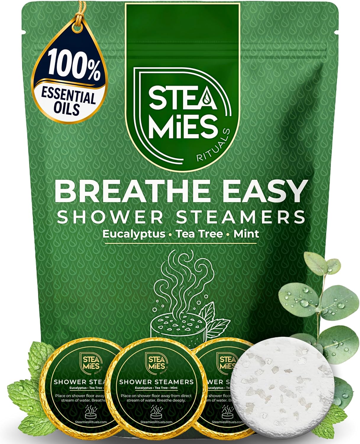 STEAMIES Eucalyptus Shower Steamers Aromatherapy Breathe Easy 15 Pack – Eucalyptus Shower Tablets with Peppermint & Tea Tree Essential Oils, Breathing Comfort, Congestion & Sinus Relief