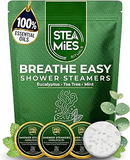 STEAMIES Eucalyptus Shower Steamers Aromatherapy Breathe Easy 15 Pack – Eucalyptus Shower Tablets with Peppermint & Tea Tree Essential Oils, Breathing Comfort, Congestion & Sinus Relief