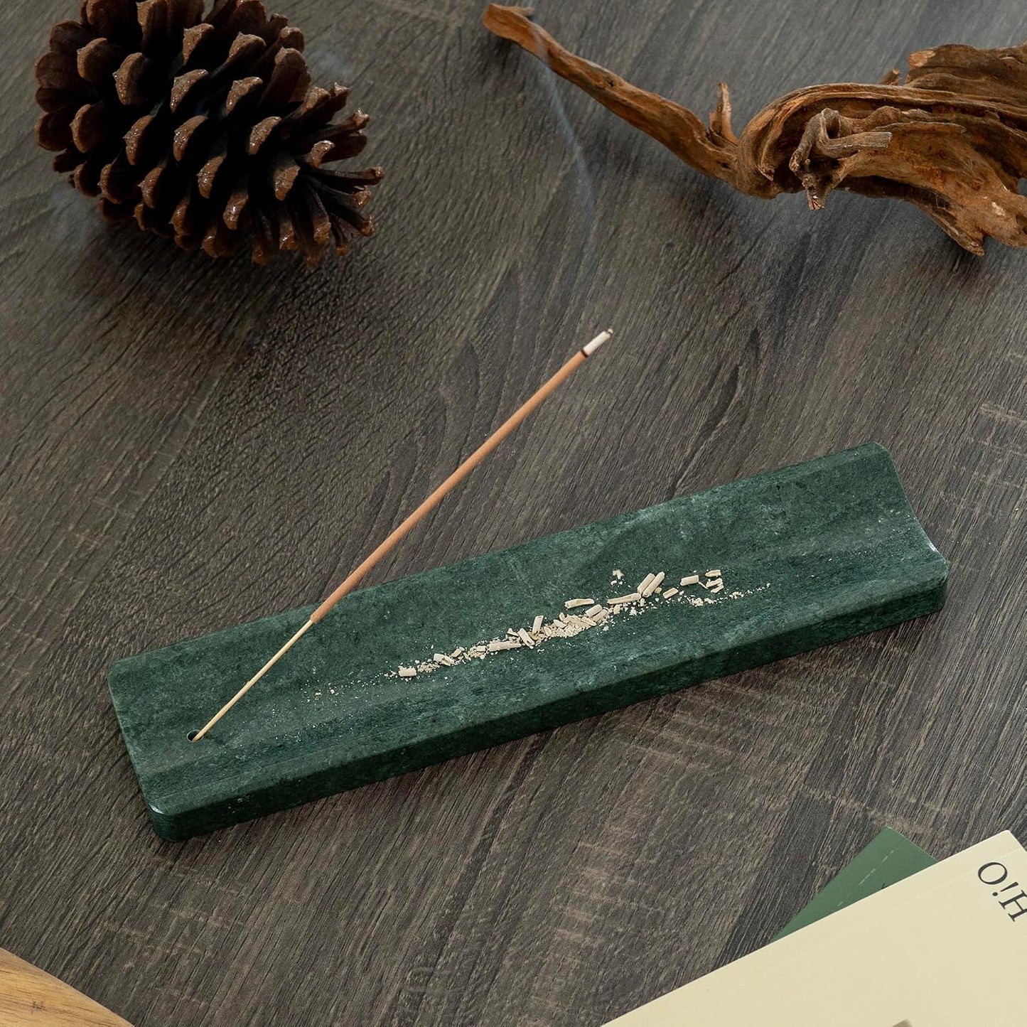 Marble Incense Holder Burner-Natural Stone Stick Incense Tray with Ash Catcher，20 Sticks & Brush - Elegant Decor for Meditation, Yoga, Home,Gift(Green)