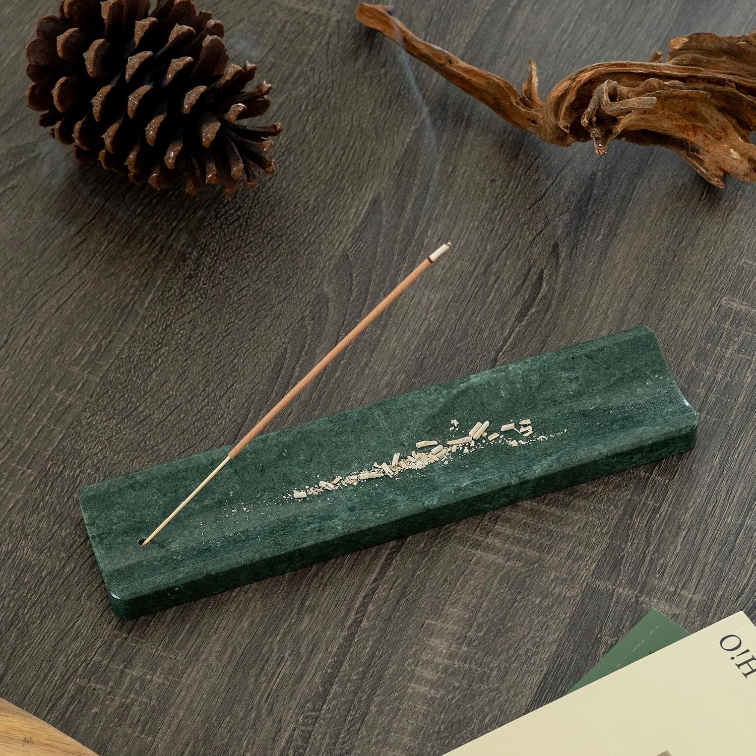 Marble Incense Holder Burner-Natural Stone Stick Incense Tray with Ash Catcher，20 Sticks & Brush - Elegant Decor for Meditation, Yoga, Home,Gift(Green)