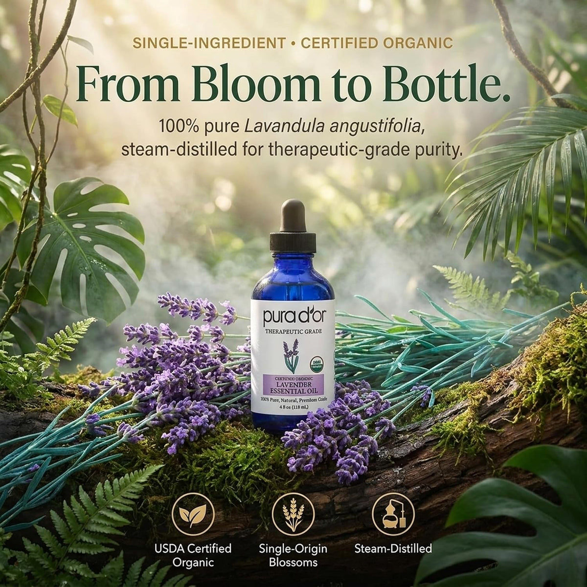 PURA D'OR Organic Lavender Essential Oil (4oz with Glass Dropper) 100% Pure & Natural Therapeutic Grade for Hair