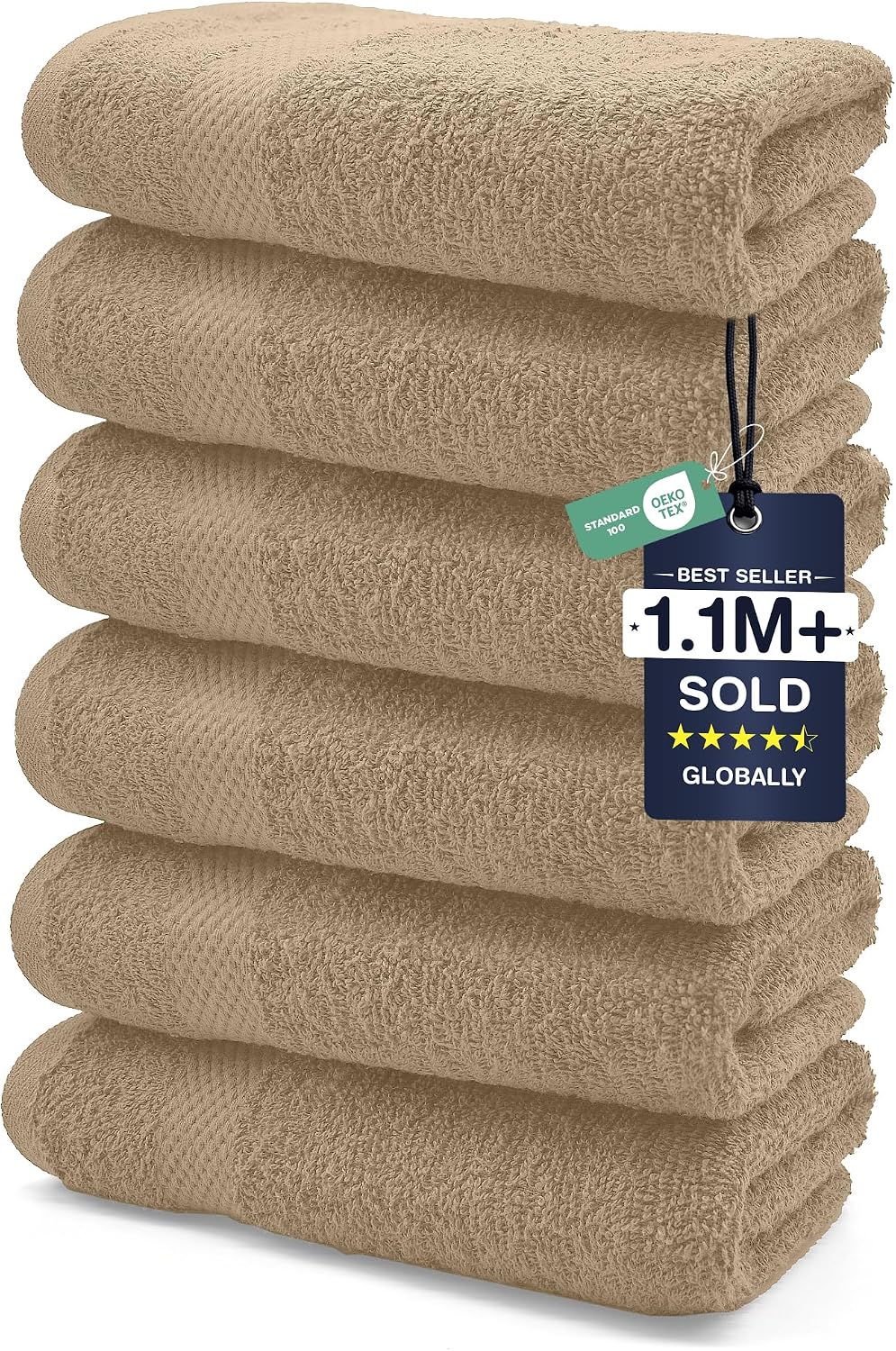 DAN RIVER 6-Pack Premium Hand Towels (16x28 Inches) - 100% Cotton, Ultra Soft, Lightweight, Highly Absorbent Towels for Bathroom, Spa, Gym, Salon, Hotel, and Travel - Tan