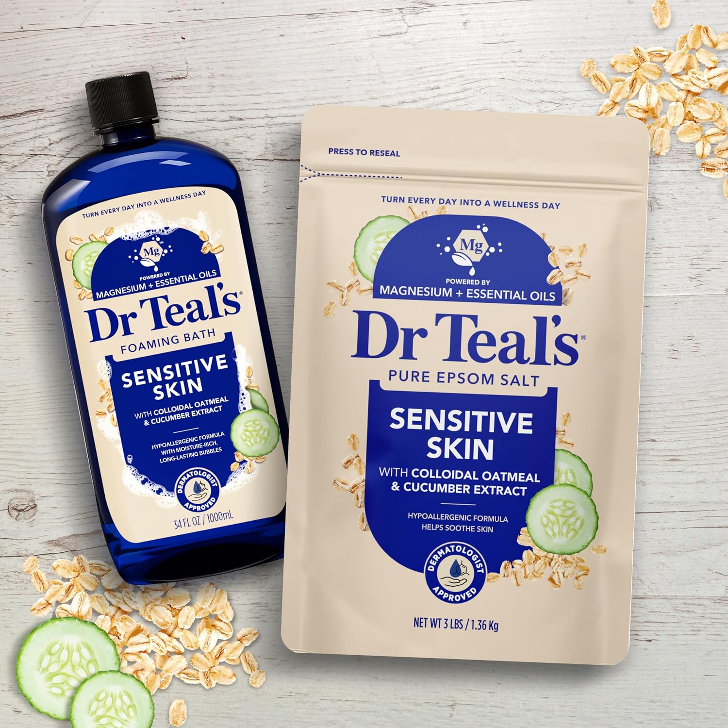 Dr Teal's Epsom Salt Magnesium Soak, Sensitive Skin with Colloidal Oatmeal & Cucumber, 3 lbs (Pack of 4)