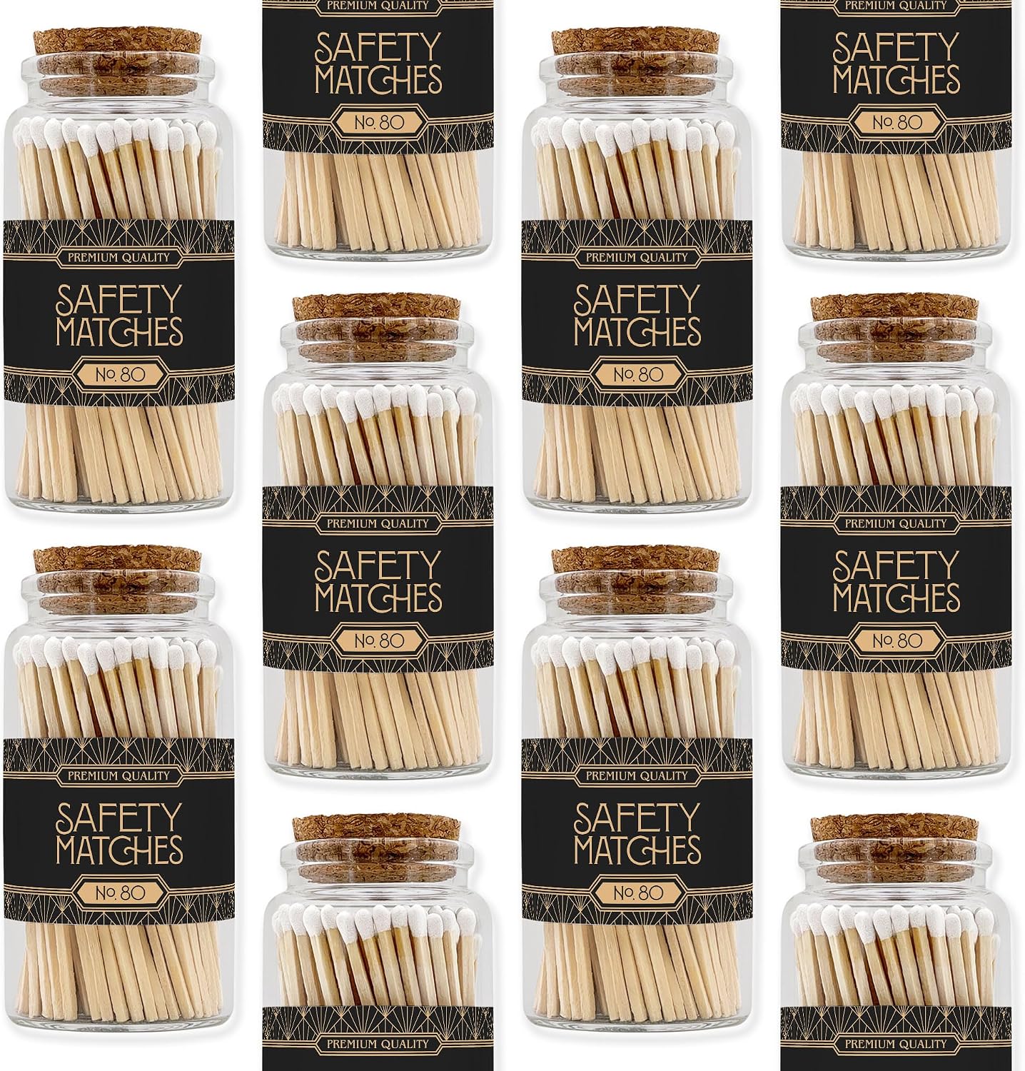 Art Deco Wooden Matches in a Jar with Striker | Decorative Matches for Candles | Long Matches for Candles in Apothecary Glass Jar | Approx. 80 Safety Matches for Home Decor & Bathroom