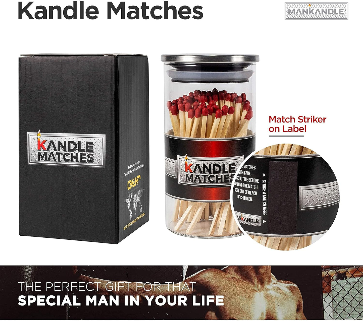 Kandle Matches | Decorative Matches in Glass Jar | Long Wooden for Candles with Striker | Luxury Home Décor Matchsticks | Fireplace & Gift Set Use | 100 Premium Match