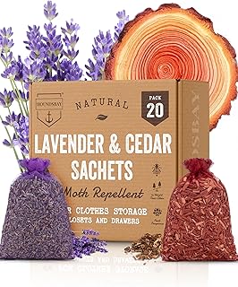 All-Natural Cedar and Lavender Sachet (20 Pack): 10 Lavender Sachets for Drawers and Closets, 10 Cedar Sachets, Moth Repellent for Clothes