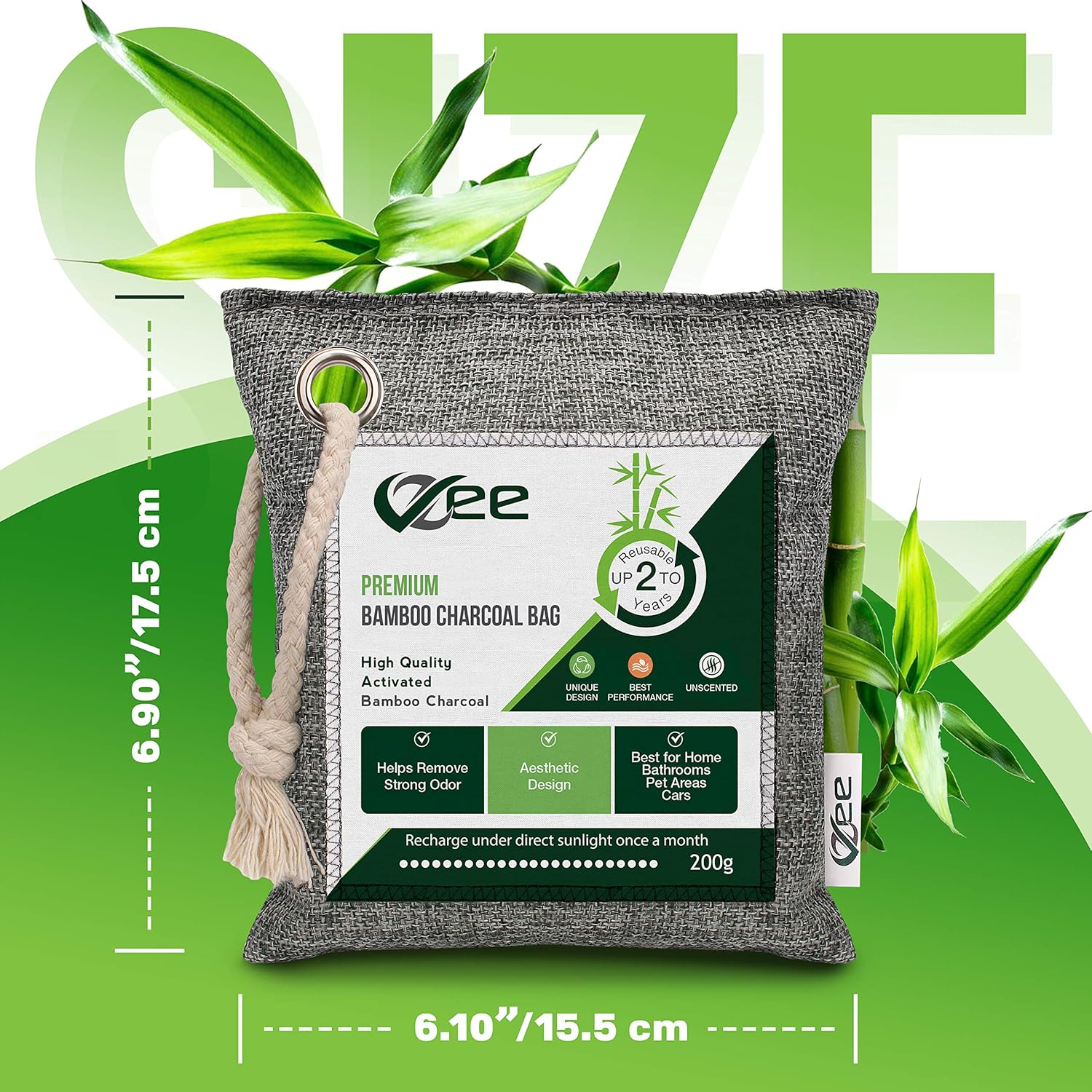 8 XL Bags x 200g Bamboo Charcoal Odor Absorber (1,600g Total),Activated Charcoal Air Purifying Bag, Odor Eliminator for Home, Basement, Smoke, Mothball, Pet, Car, Closet, Shoes