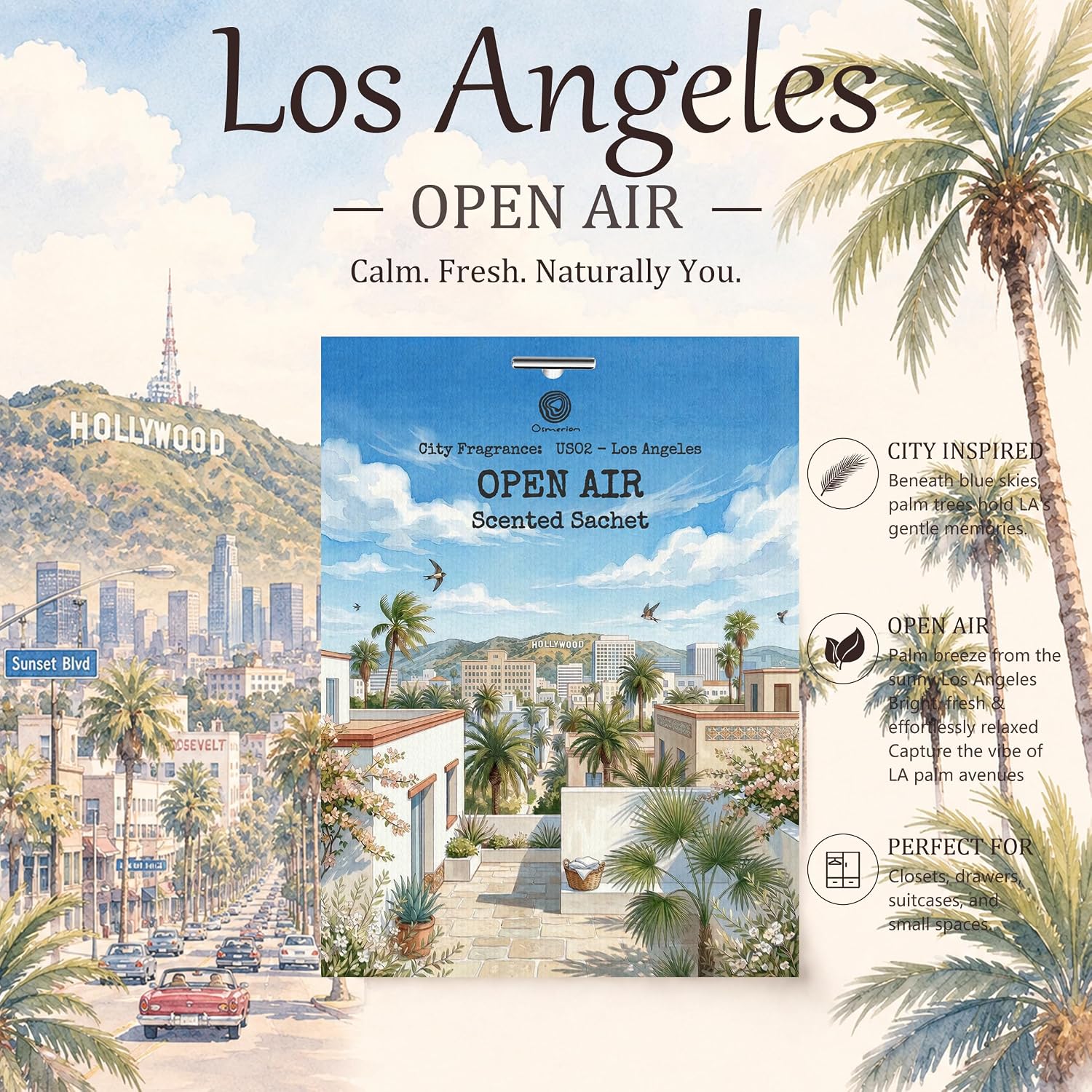 US02-Los Angeles Open Air Scented Sachets for Closets, Drawers & Cars, 12 Pack