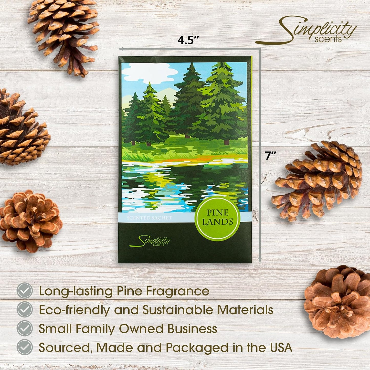Simplicity Scents Pine Lands Scented Sachets Pack of 6, Everyday - Long-Lasting Scented Bags, Home Fragrance, Air Freshener & Deodorizer for Closet, Room, Drawer, or Cars, Made in USA