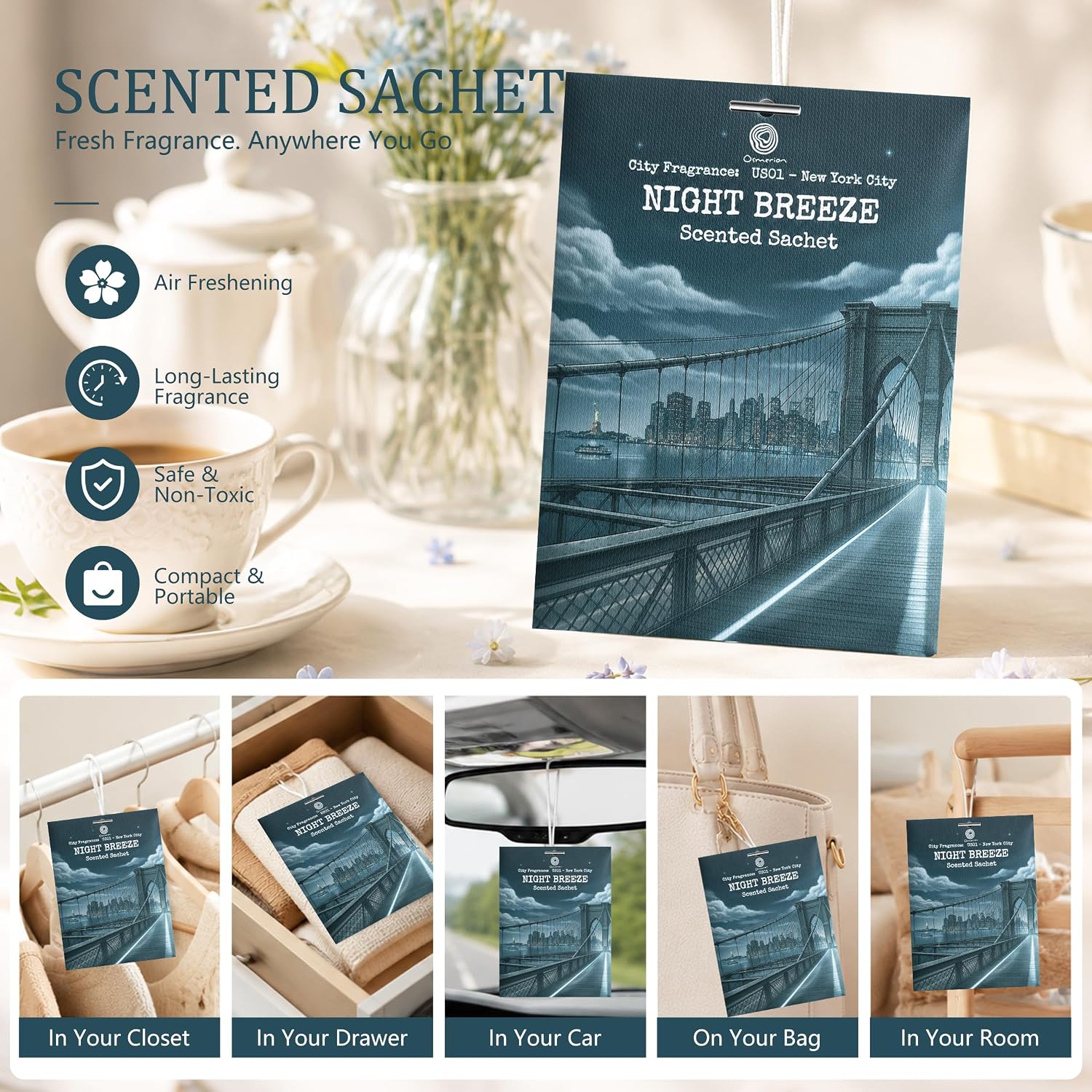 US01-NewYork City Night Breeze Scented Sachets for Drawers, Closets & Cars, 12 Pack
