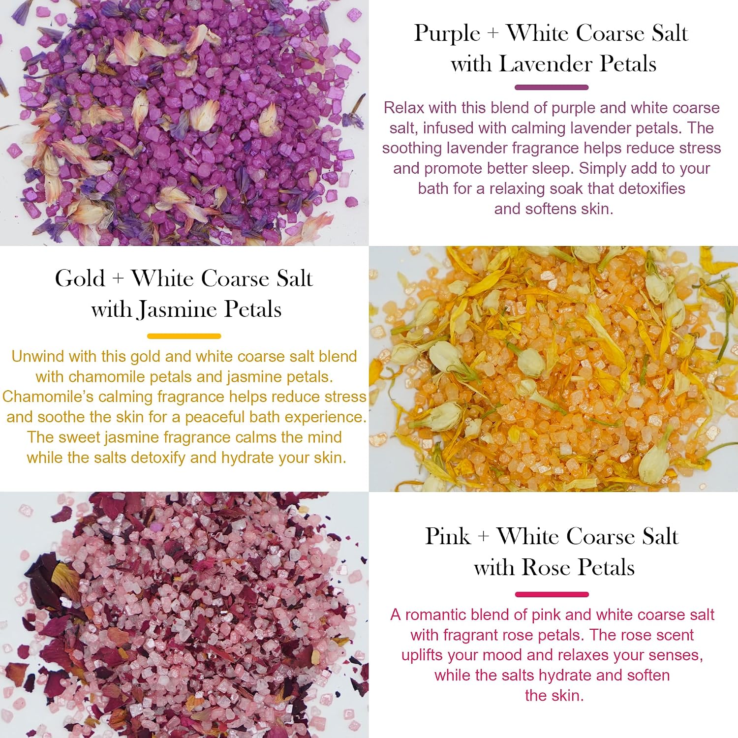 Bath Salts for Women Relaxing, Epsom Salt Gift Set, Anniversary Birthday Gifts, 3 Individual Pack, Spa Bath & Foot Soak, Organic with Dried Flower, Essential oil, Lavender, Rose & Lemon Scent, 12.7 oz