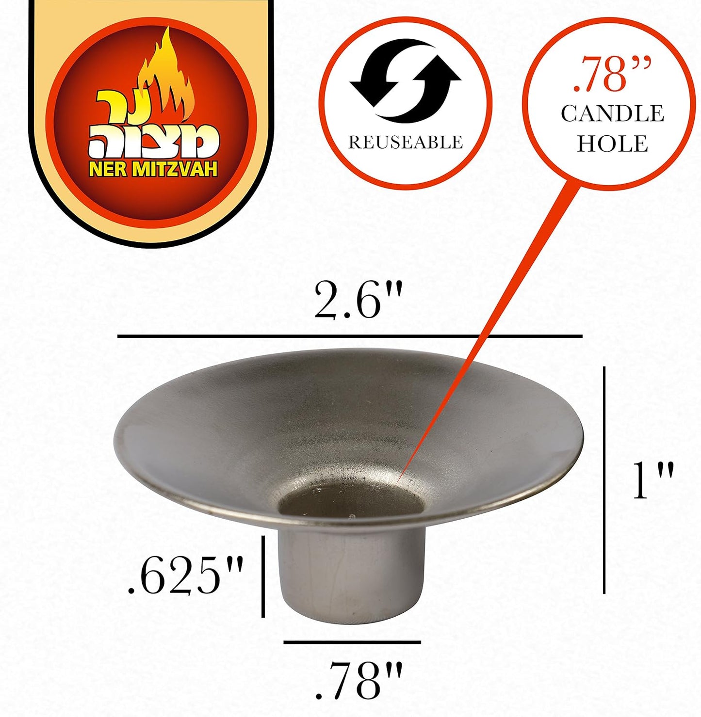 Ner Mitzvah Reusable Metal Candlestick Liners and Drip Guards - Medium Nickel Plated Candle Holder Protector Bobeches - Silver - 2 Pack