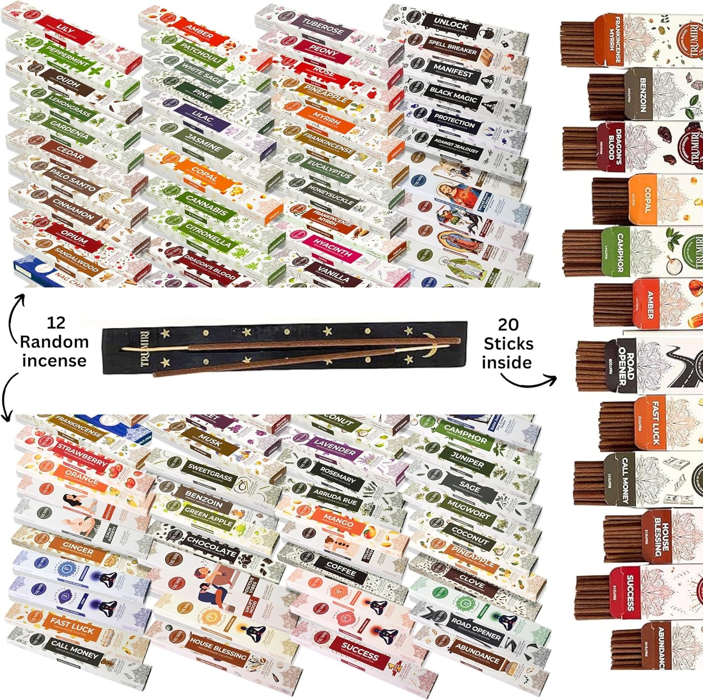 Trumiri Incense Sticks - Insence-Sticks - 12 Random Scents Variety Pack of Insense Inciensos - 20 Inscents-Sticks per Scent - Total 240 Incents + Holder Burner