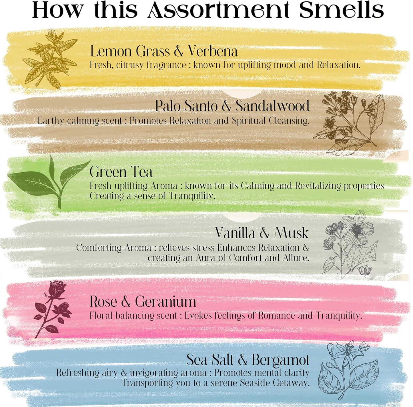 Raajsee Incense Sticks Organic Non Toxic - Pack of 6 Natural Inscents with Insence Holder -120 Sticks, Clean Burn, Boho Gift Set, Palo Santo & Sandalwood, Vanilla Musk, Rose, Green Tea, Lemon Grass