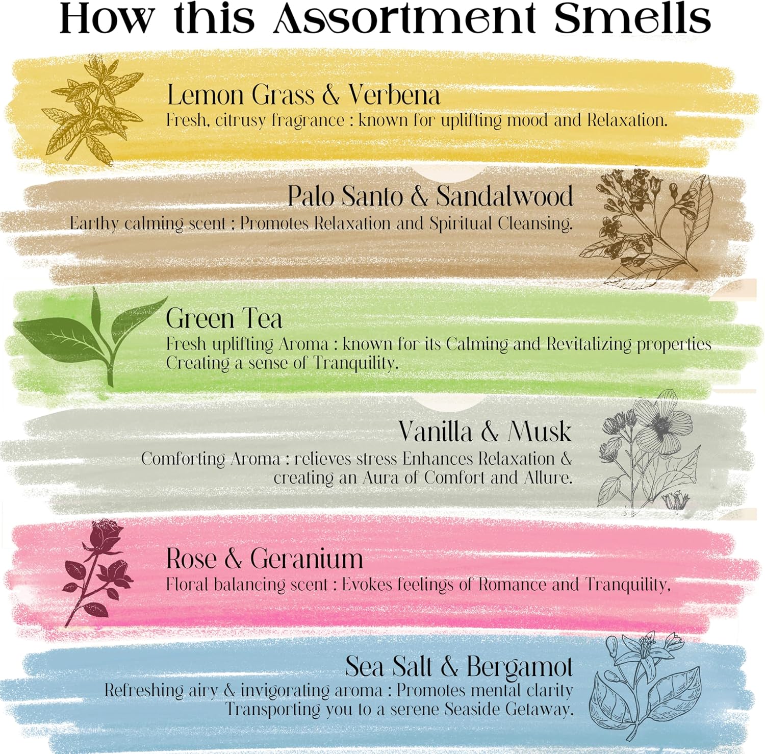 Raajsee Incense Sticks Organic Non Toxic - Pack of 6 Natural Inscents with Insence Holder -120 Sticks, Clean Burn, Boho Gift Set, Palo Santo & Sandalwood, Vanilla Musk, Rose, Green Tea, Lemon Grass