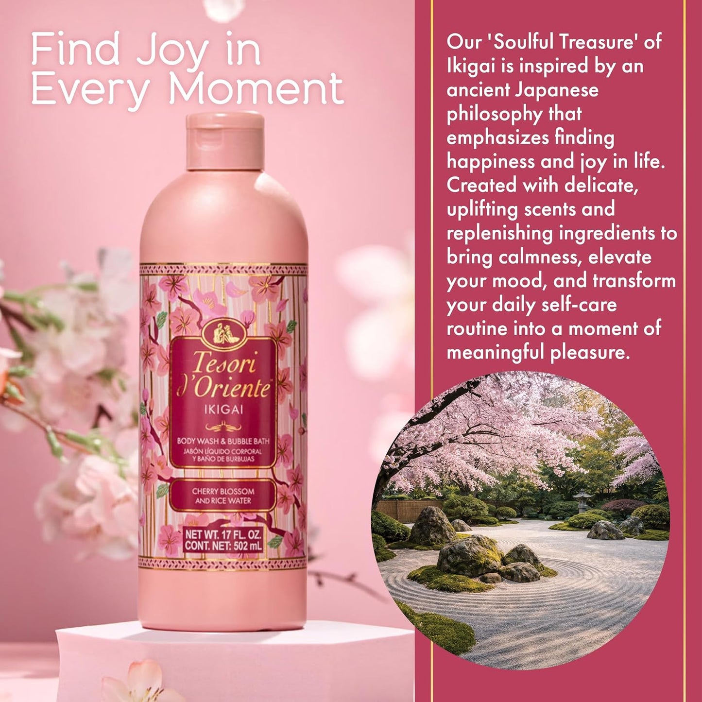 Tesori d’Oriente Ikigai Body Wash & Bubble Bath, 17.5 fl oz, Cherry Blossom Scented, Gentle Hydrating Shower Gel with Rice Water & Vitamin-E, No Silicones, Parabens & Mineral Oil