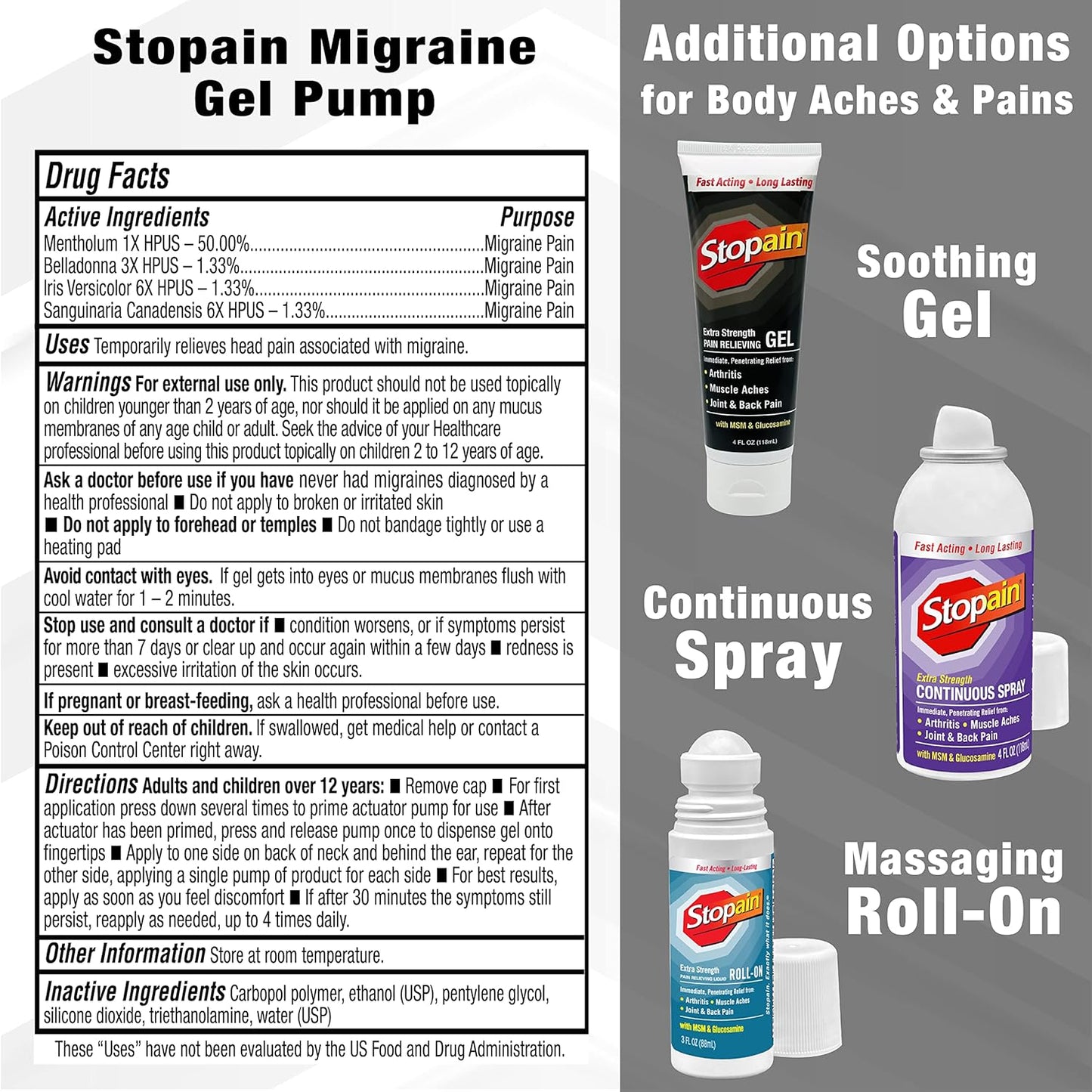 Stopain Migraine Pain Relief Gel Pump, 1.62oz, USA Made, Max Strength Fast Acting Research Proven Topical Effective at Any Stage, No Known Side Effects or Drug Interactions, HSA FSA Approved Products