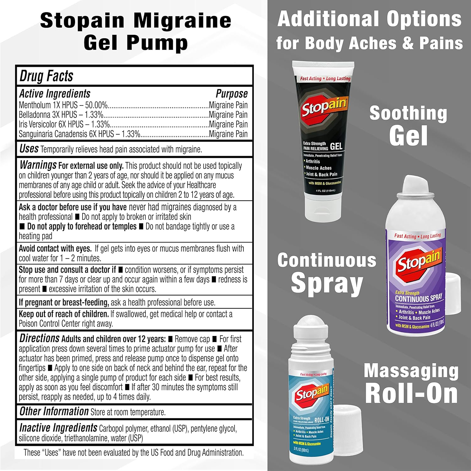 Stopain Migraine Pain Relief Gel Pump, 1.62oz, USA Made, Max Strength Fast Acting Research Proven Topical Effective at Any Stage, No Known Side Effects or Drug Interactions, HSA FSA Approved Products