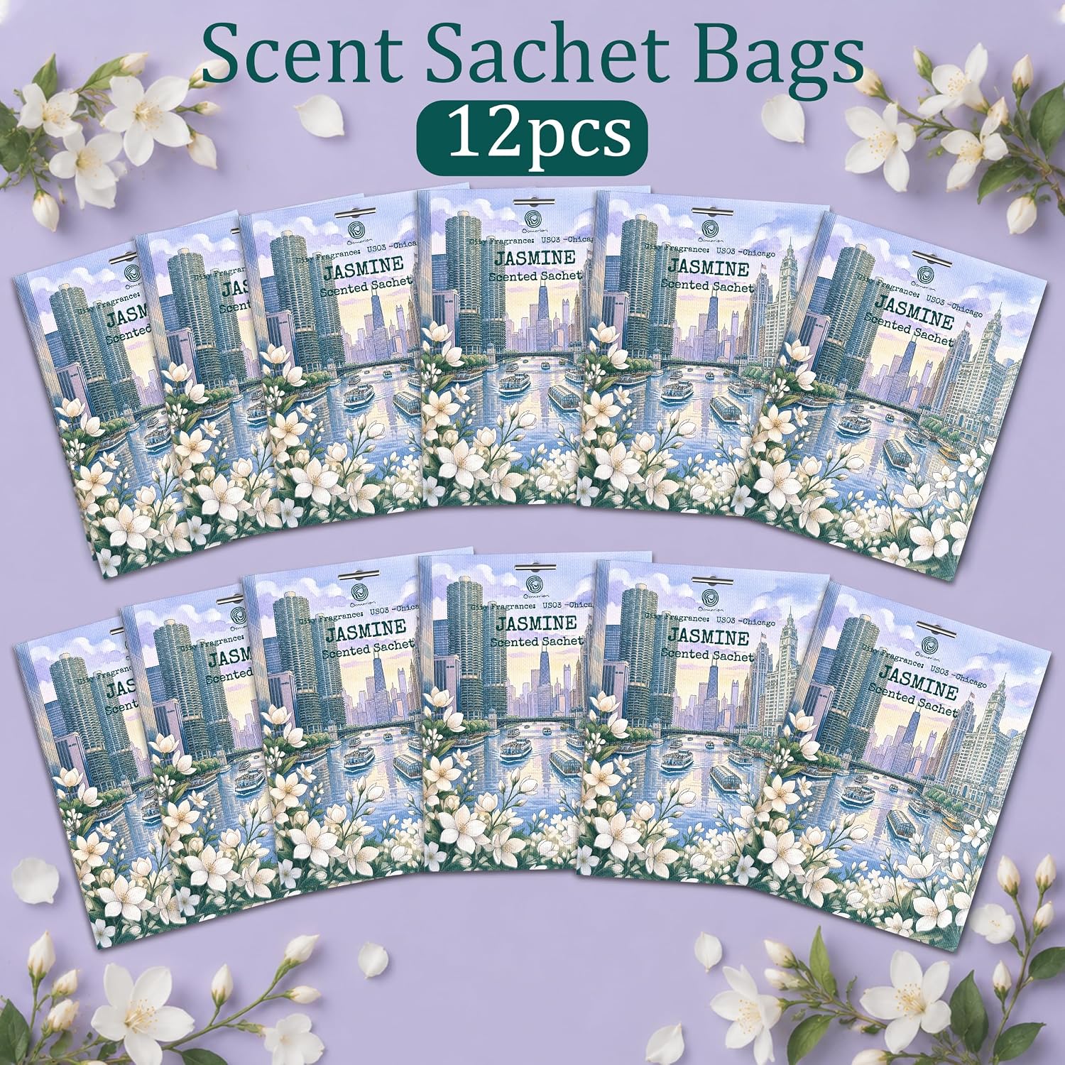 US03-Chicago Jasmine Scented Sachets for Drawers, Closets & Cars, 12 Pack | Car Air Freshener sachets with Chicago Jasmine scent. Freshens closets, drawers, cars and small spaces.