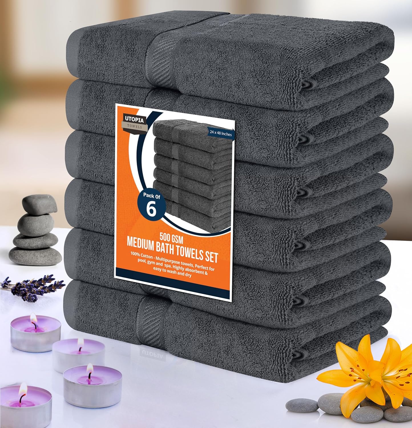 Utopia Towels 6 Pack Medium Bath Towel Set, 24 by 48 Inches, 500 GSM 100% Ring Spun Cotton, Lightweight and Highly Absorbent Quick Drying Premium Towels for Hotel, Spa and Bathroom, Grey