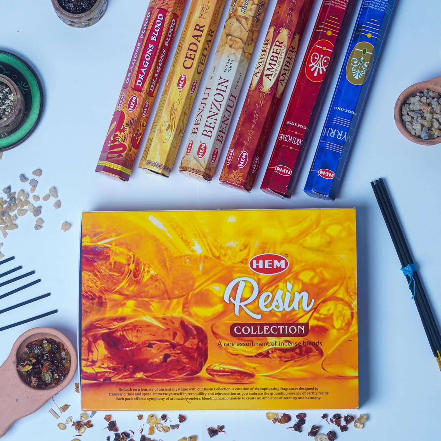 HEM Resin Series Premium Incense Sticks – Benzoin, Myrrh, Copal, Amber, Frankincense & Dragon Blood (Pack of 6, 120 Sticks) | Natural Resin Fragrance for Rituals, Cleansing & Meditation