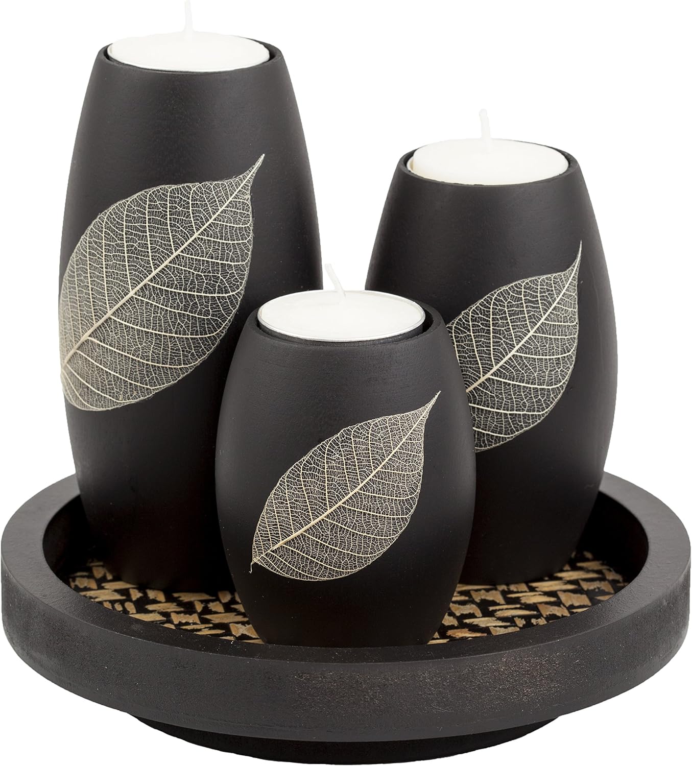 IYARA CRAFT Candle Holder Set with Tray – 3 Handmade Wood Tealight Holders, Black Leaf Design, Winter Home Décor, Spa-Inspired Holiday Centerpiece & Elegant for Women, Mom, Housewarming