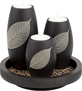 IYARA CRAFT Candle Holder Set with Tray – 3 Handmade Wood Tealight Holders, Black Leaf Design, Winter Home Décor, Spa-Inspired Holiday Centerpiece & Elegant for Women, Mom, Housewarming