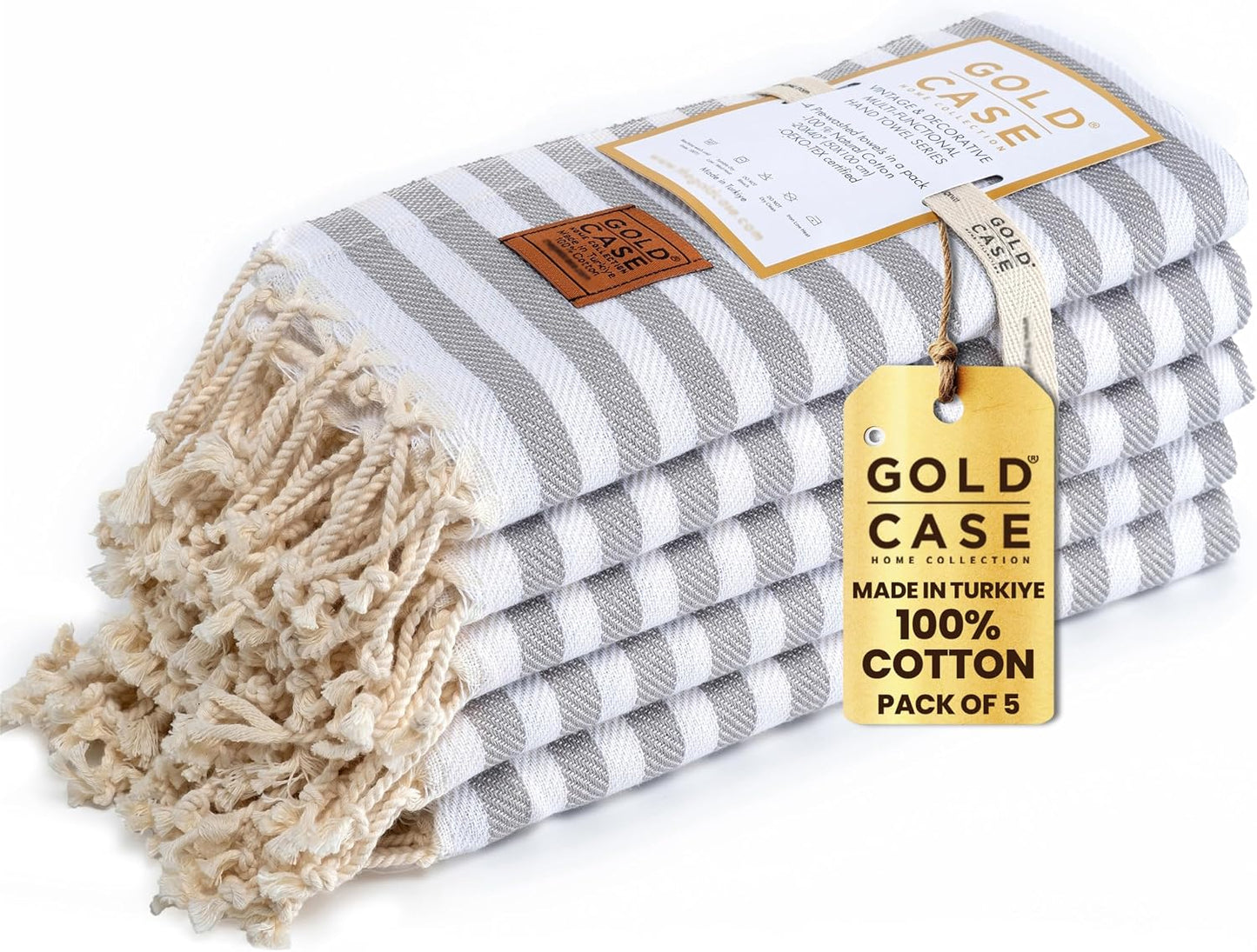 Gold CASE Turkish Hand Towels Set of 5 – 100% Cotton Hand Towels for Bathroom 20 x 40'' – Soft & Quick Dry Cotton Towel for Hands, Hair, SPA & Gym – Elegant Bathroom Towel Set in Grey
