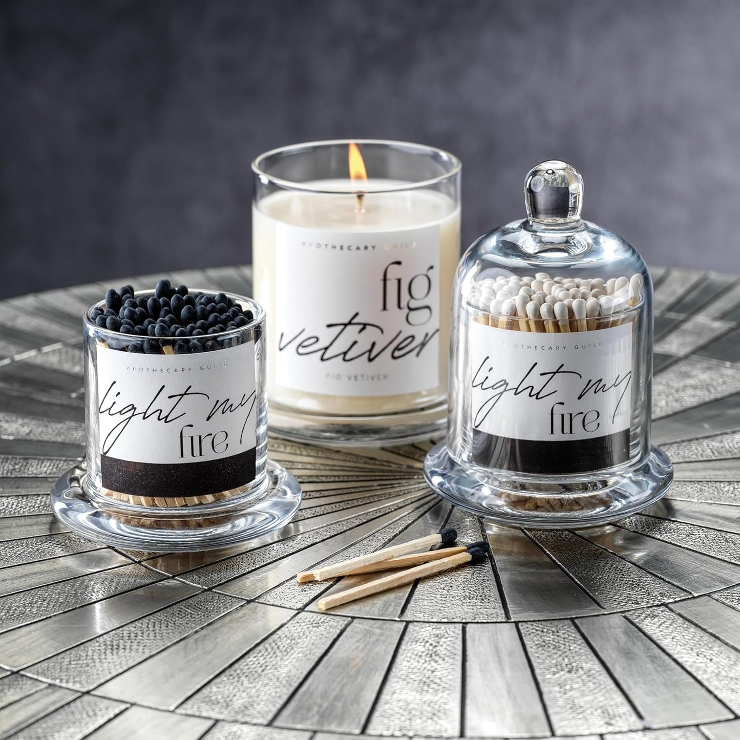 Zodax Apothecary Guild Light My Fire Matches with Glass Dome - Home Decor for Bathroom and Kitchen - Glass Jar with Bell Cloche - Decorative Match Holder - Includes 150 Matchsticks - White