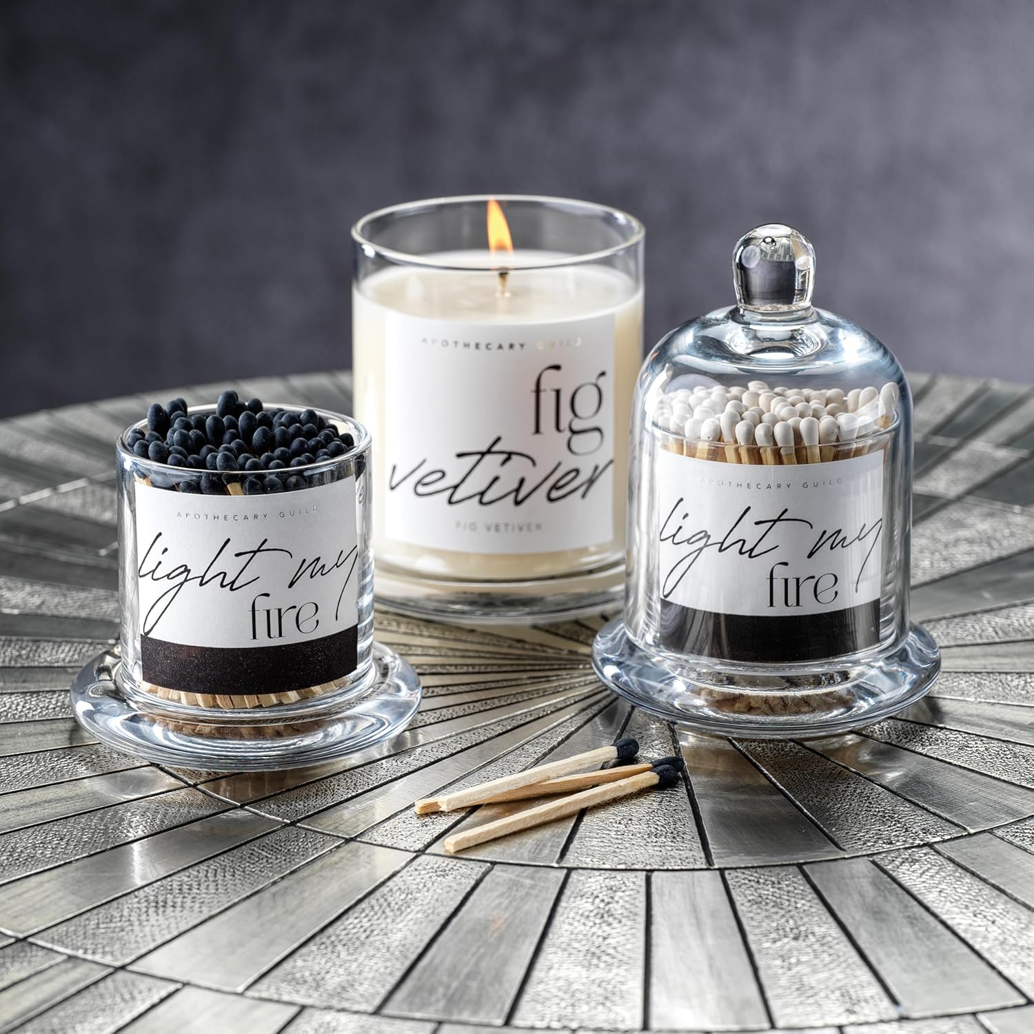 Zodax Apothecary Guild Light My Fire Matches with Glass Dome - Home Decor for Bathroom and Kitchen - Glass Jar with Bell Cloche - Decorative Match Holder - Includes 150 Matchsticks - White