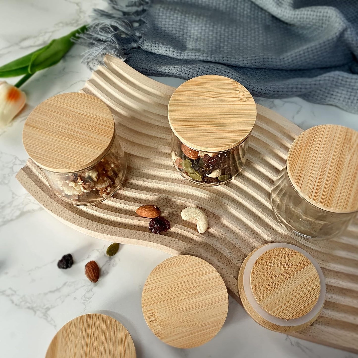 Oui Bamboo Wood Yogurt Jar Lids - 12 Pcs, Leak Proof, Equipped With Silicone Sealing Ring