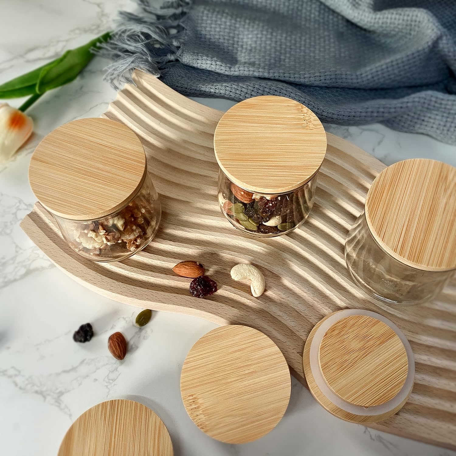 Oui Bamboo Wood Yogurt Jar Lids - 12 Pcs, Leak Proof, Equipped With Silicone Sealing Ring