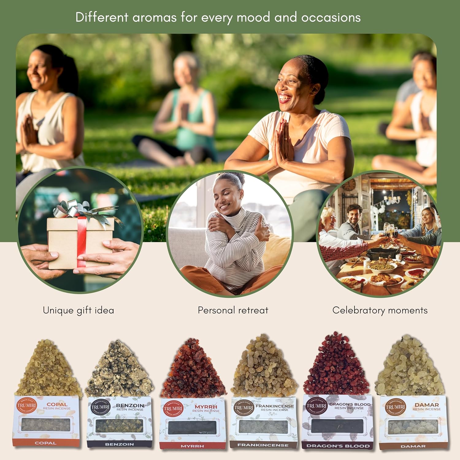 Resin Incense - Natural Tree Gum Sap - 6x30g Variety Pack Including Frankincense and Myrrh Copal Benzoin Dragon's Blood Damar