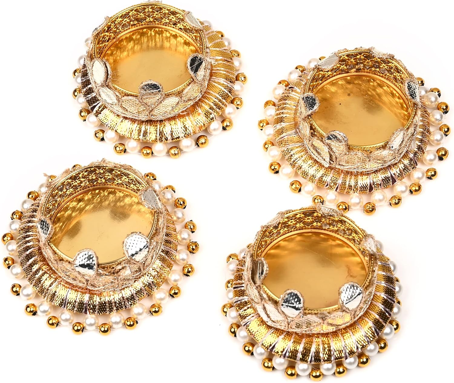 Set of 4 Jute Ring with Moti Beads T Light Candle Stand Tealight Holder Lights Festival Indian Traditional New year Decorations Lighting Accessories Wedding Home Decor(Without Wax)(Size:-4")(Golden)