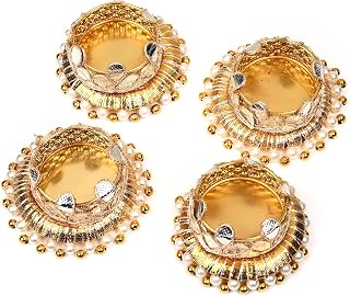 Set of 4 Jute Ring with Moti Beads T Light Candle Stand Tealight Holder Lights Festival Indian Traditional New year Decorations Lighting Accessories Wedding Home Decor(Without Wax)(Size:-4")(Golden)