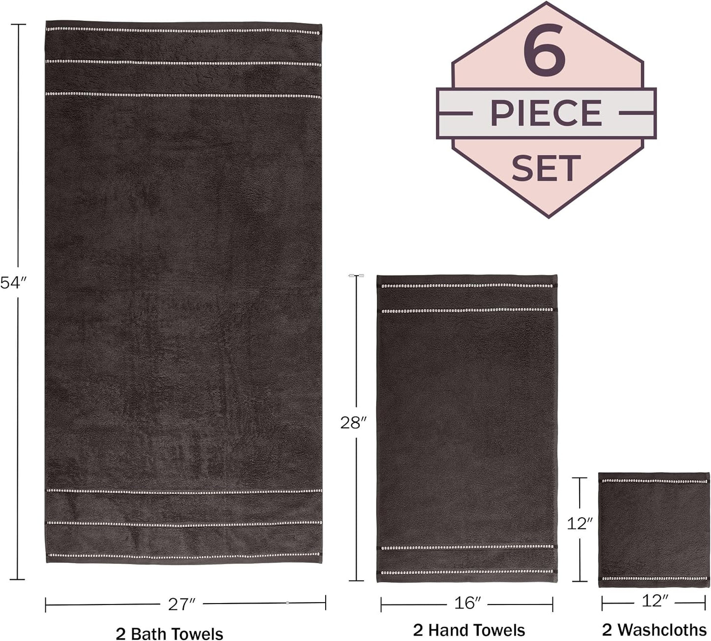 Lavish Home 6 Piece Bathroom Towels Set - 525GSM 100% Cotton Bathroom Essentials - 2 Bath Sheets, 2 Hand Towels, and 2 Wash Cloths for Bath, Shower, Gym, Spa, and Dorm Room (Charcoal)