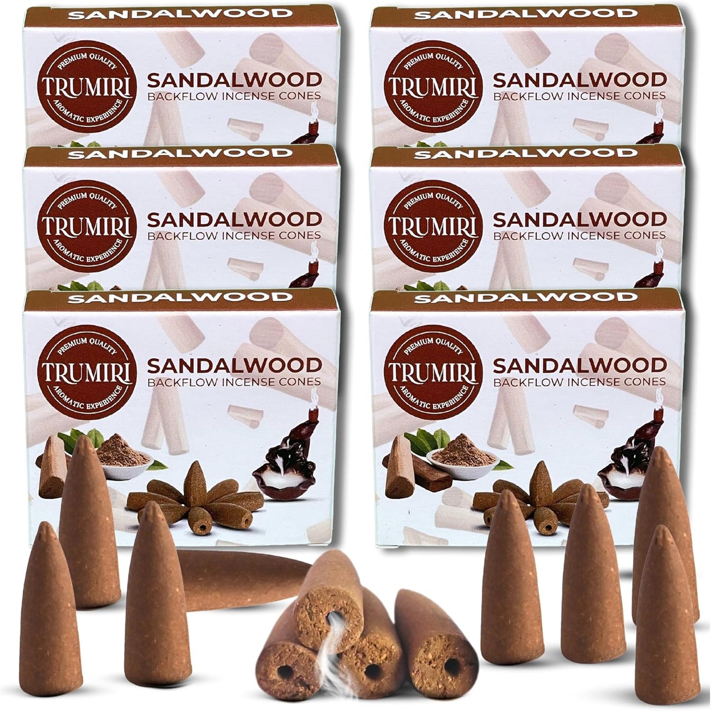 Sandalwood Backflow Incense - 60 Cones, Six Packs of 10, Waterfall Effect