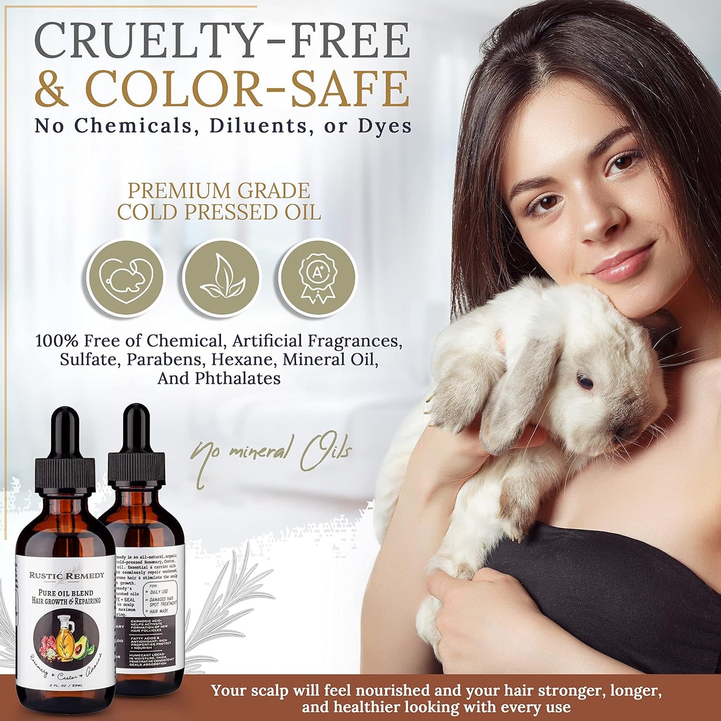 100% Organic, Cold-Pressed Rosemary, Castor and Avocado Oil | Growth & Frizz Repair Treatment (2 oz) | 100% Natural, Pure Oil for Dry Damaged Hair for Women and Men