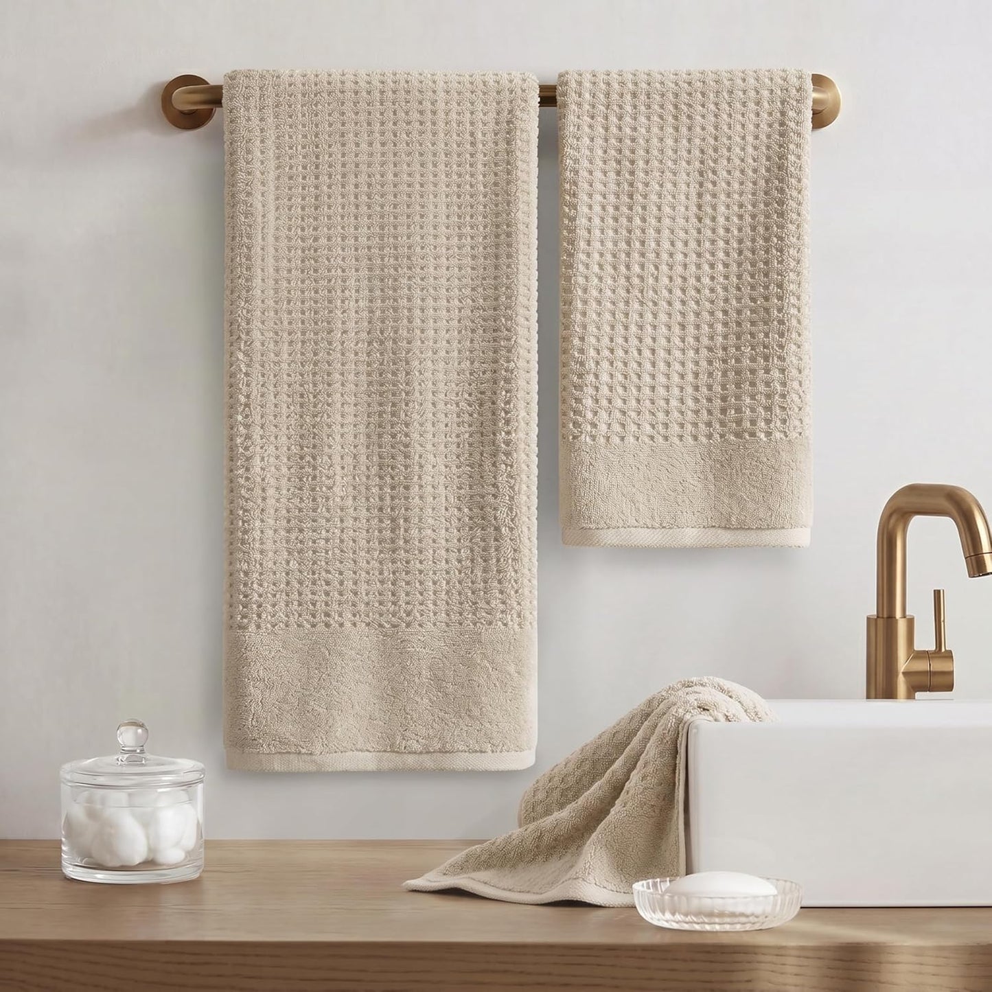 Madison Park Spa Waffle 100% Cotton Luxurious Towel Set, Premium Texture Waffle Weave, Highly Absorbent, Quick Dry, Hotel & Spa Quality Wash Clothes for Bathroom, Assorted Sizes, Natural 6 Piece