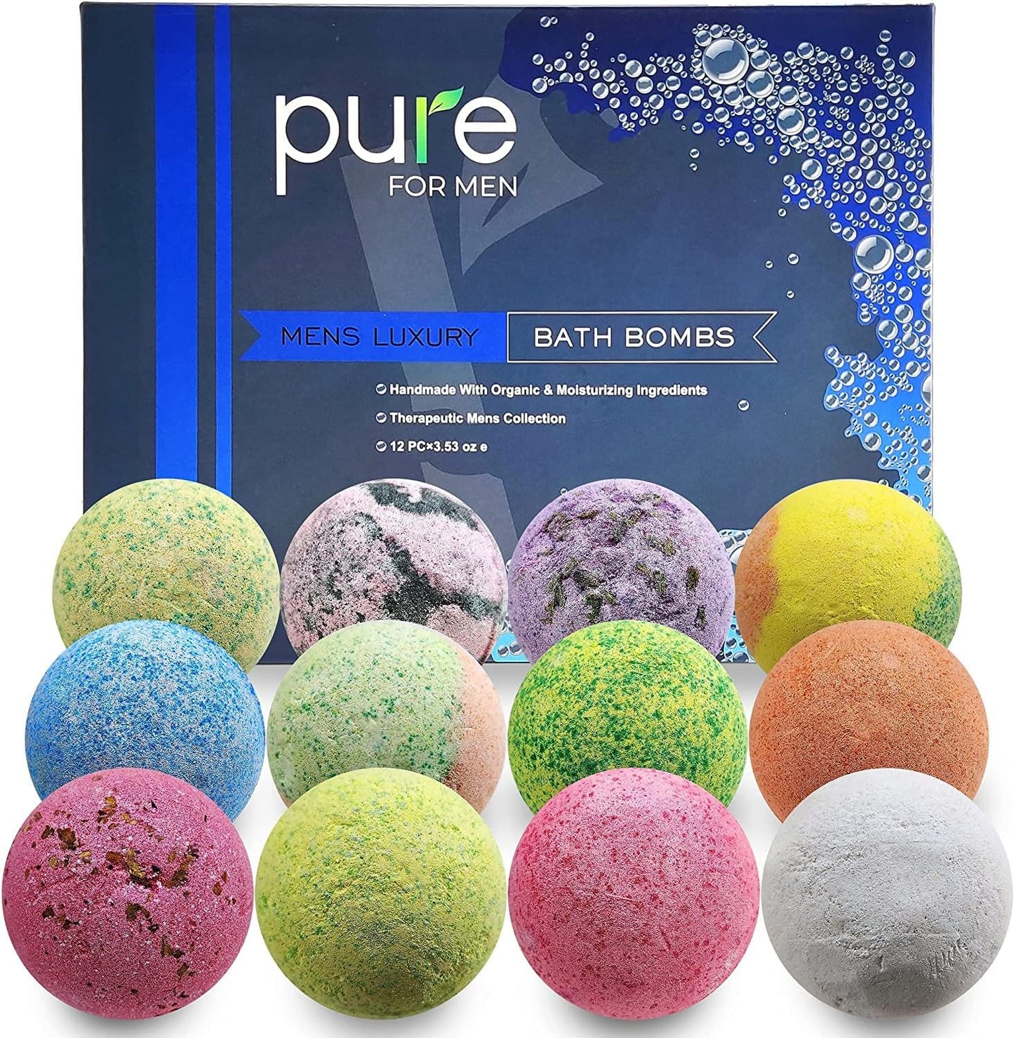 Pure Bath Bomb Gift Set for Men, 12 XL Organic Bath Bombs for Men Relaxing Bath Spa Gift Idea for Dad, Husband, Boyfriend, for Special Occasions, Birthdays, Holidays!