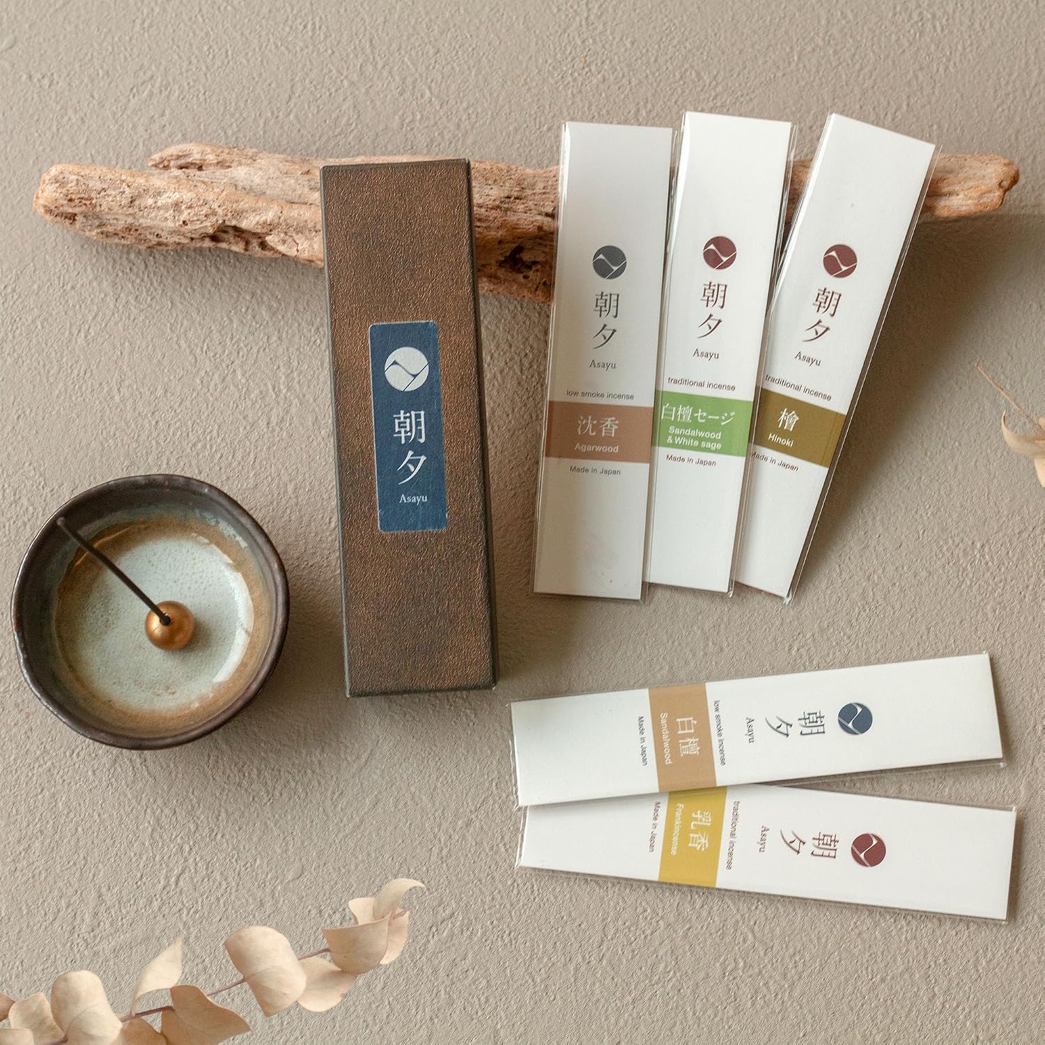 Asayu Japan Incense Gift Set - Natural Scent Collection - Ceramic Holder + 5 Authentic Japanese Incense Sticks (20g Each) - Made in Japan - for Yoga, Meditation & Relaxation