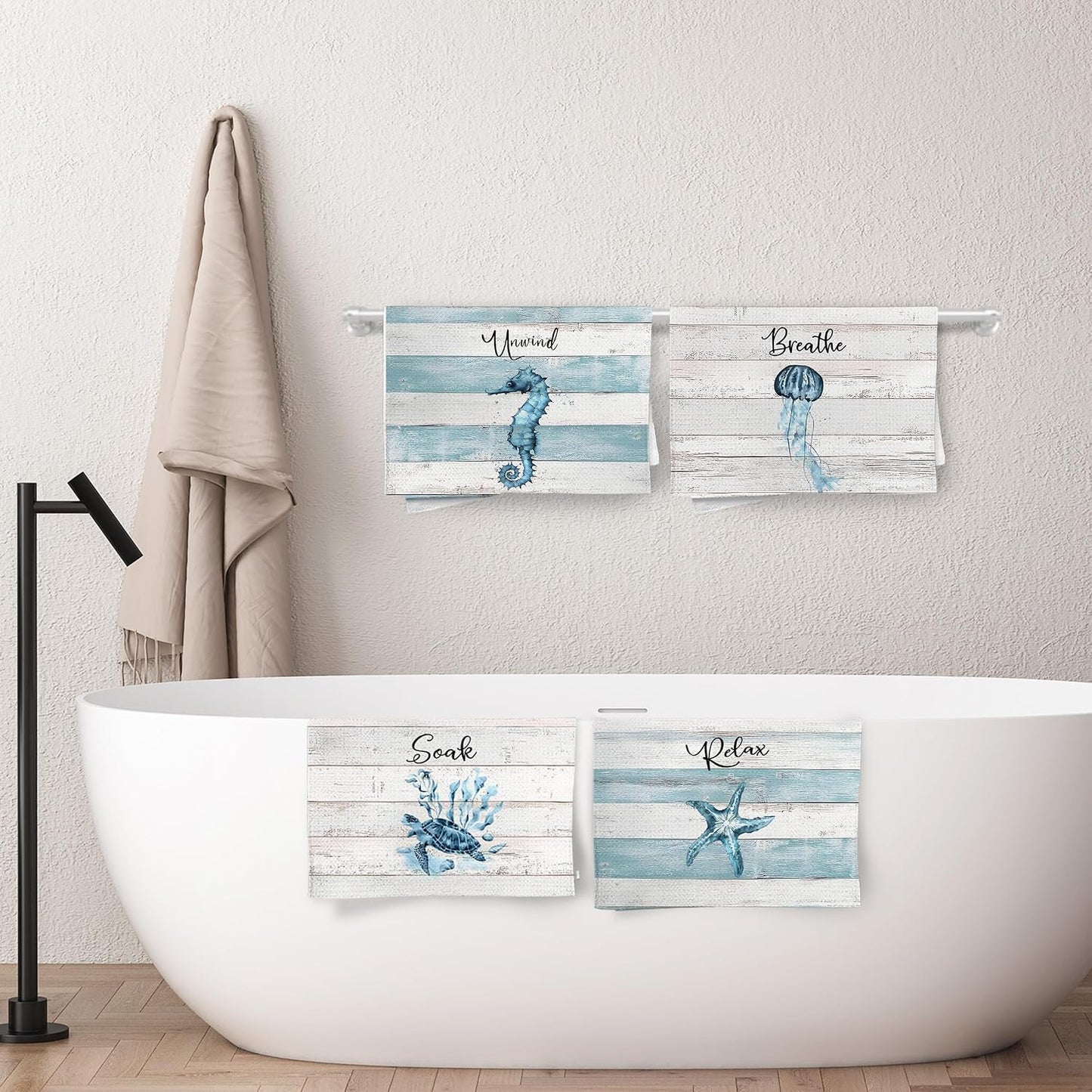Rustic Coastal Beach Hand Towels, Sea Horse Jellyfish Turtle Starfish Unwind Breathe Relax Soak Decorative Hand Towels for Bathroom Washroom Restroom Spa Room, 16x24 Inch Set of 4